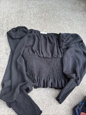 Black Smocked Off-Shoulder Long Sleeve Top - Women